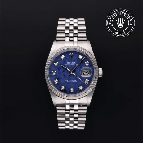 Rolex Certified Pre-owned Datejust M16234-0060 front on black background