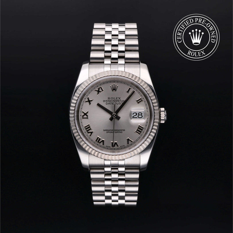 Rolex Certified Pre-owned Datejust M116234-0022 front on black background