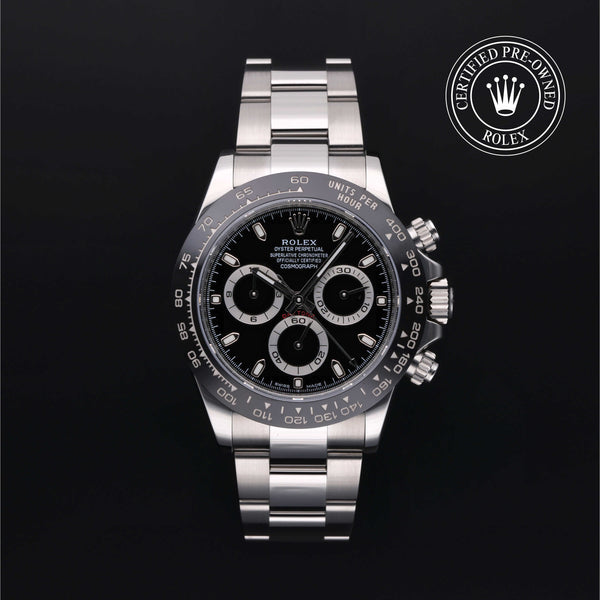 Rolex Certified Pre-owned Daytona M116500LN-0002 front on black background