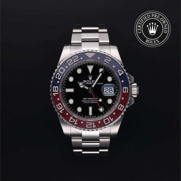 Rolex Certified Pre-owned GMT M126710BLRO-0002 front on black background