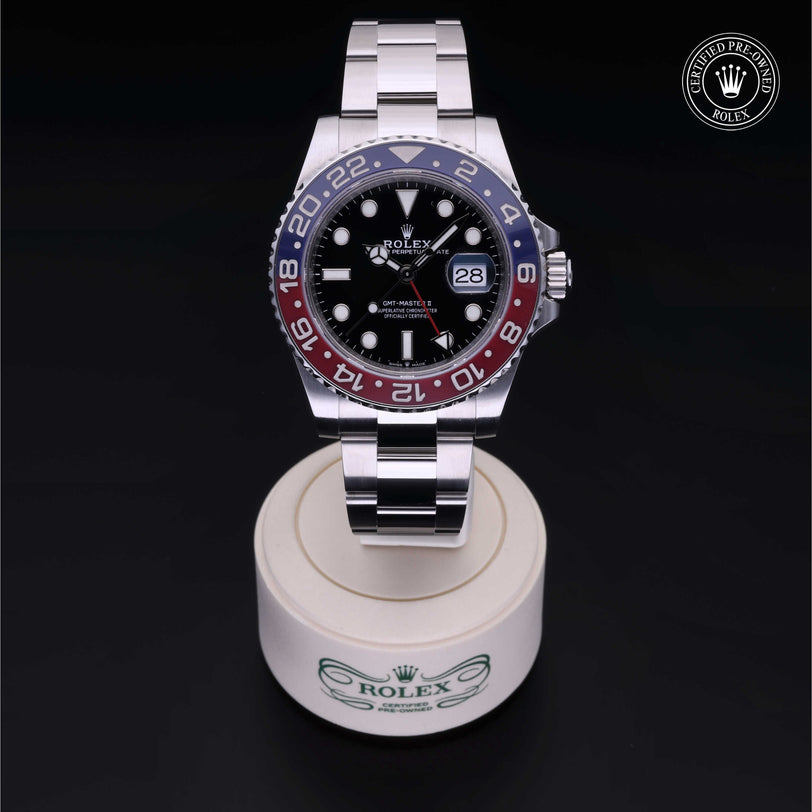 Rolex Certified Pre-owned GMT M126710BLRO-0002 front on black background