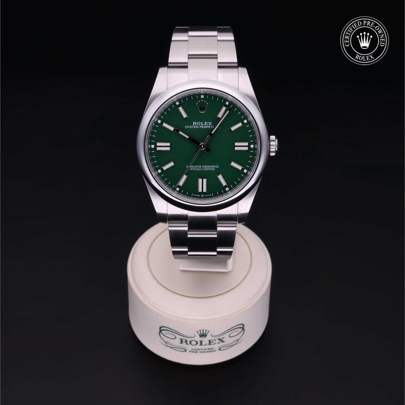 Rolex Certified Pre-owned Oyster Perpetual M124300-0005 front on black background