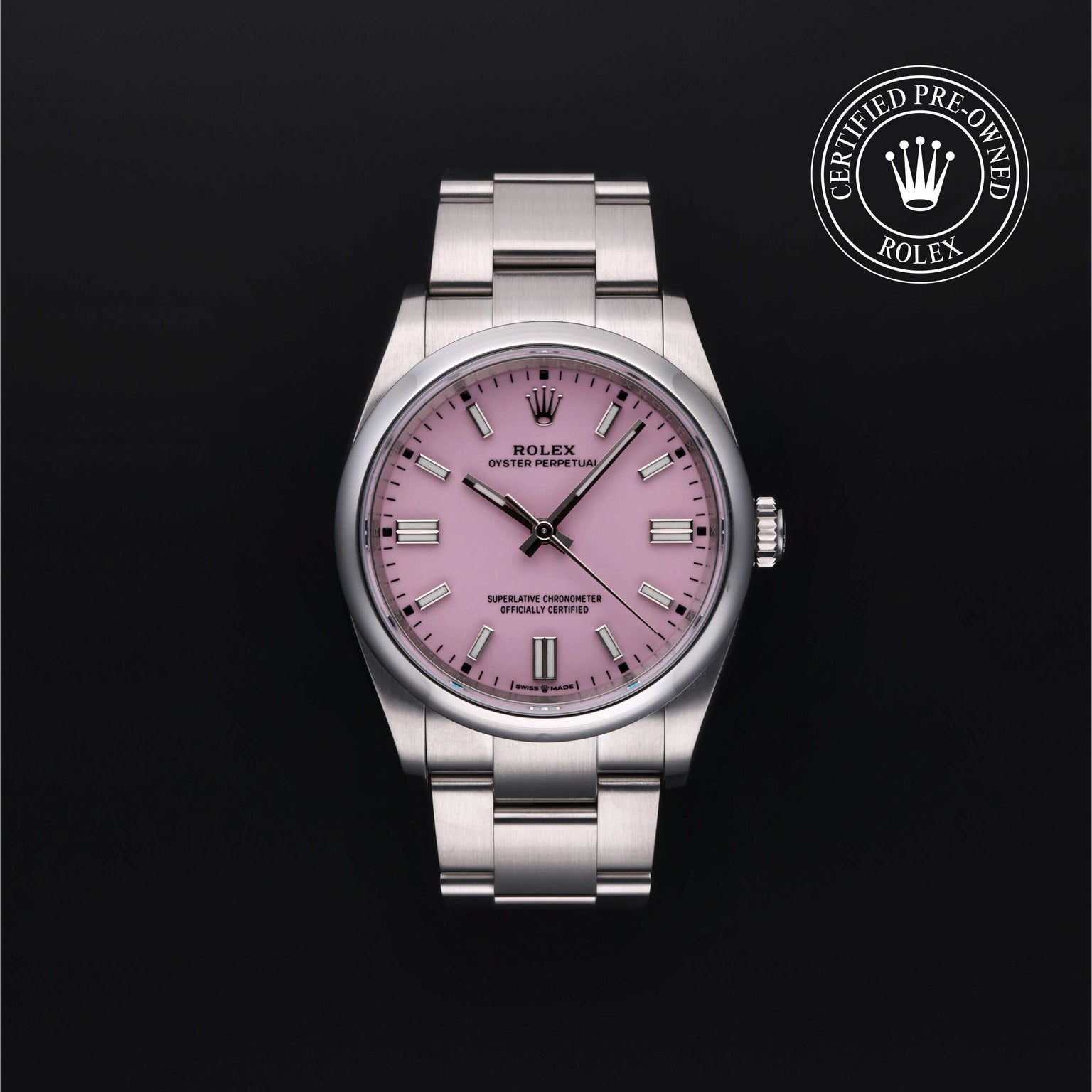 Rolex Certified Pre-owned Oyster Perpetual M126000-0008 front on black background
