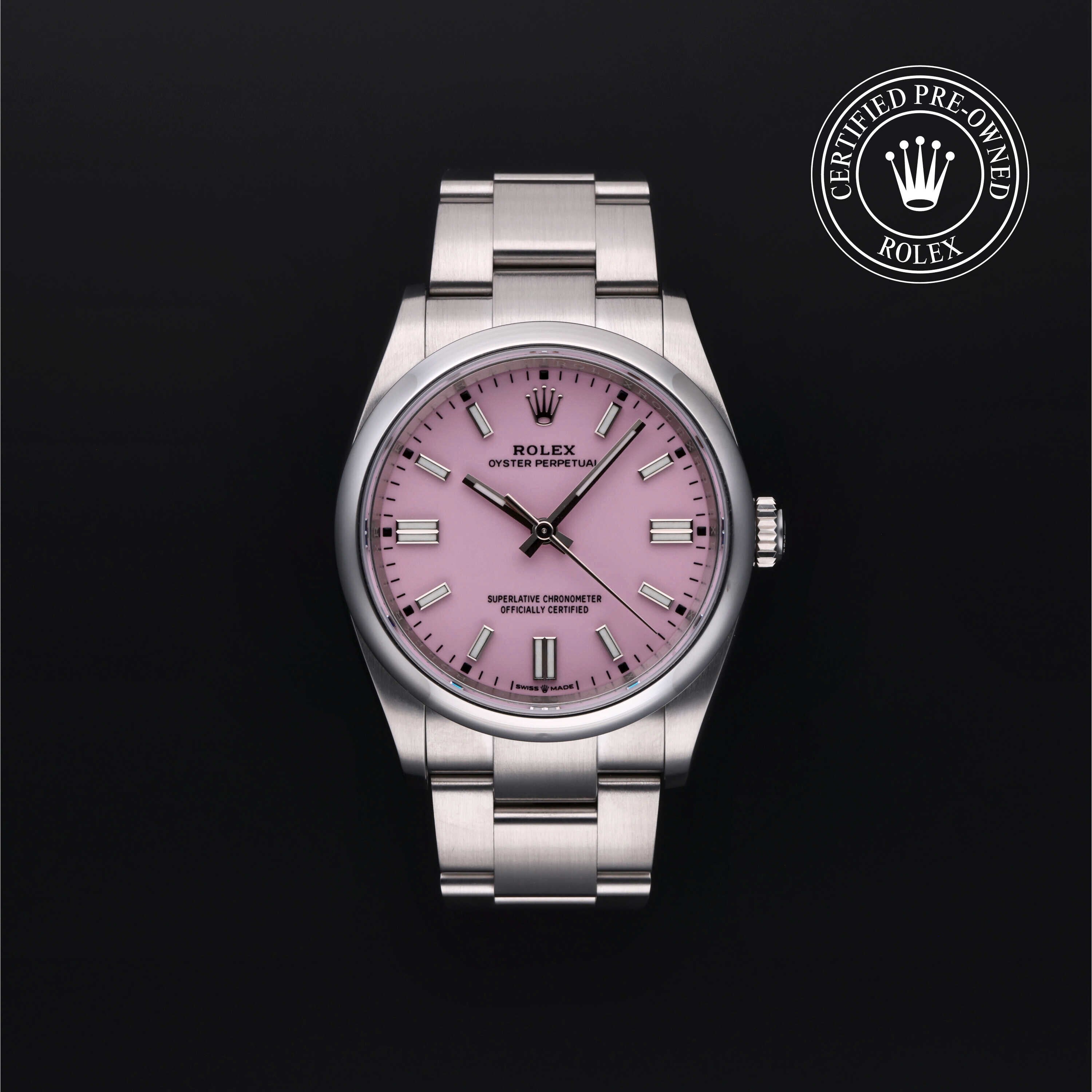 Rolex Certified Pre-owned Oyster Perpetual M126000-0008 front on black background