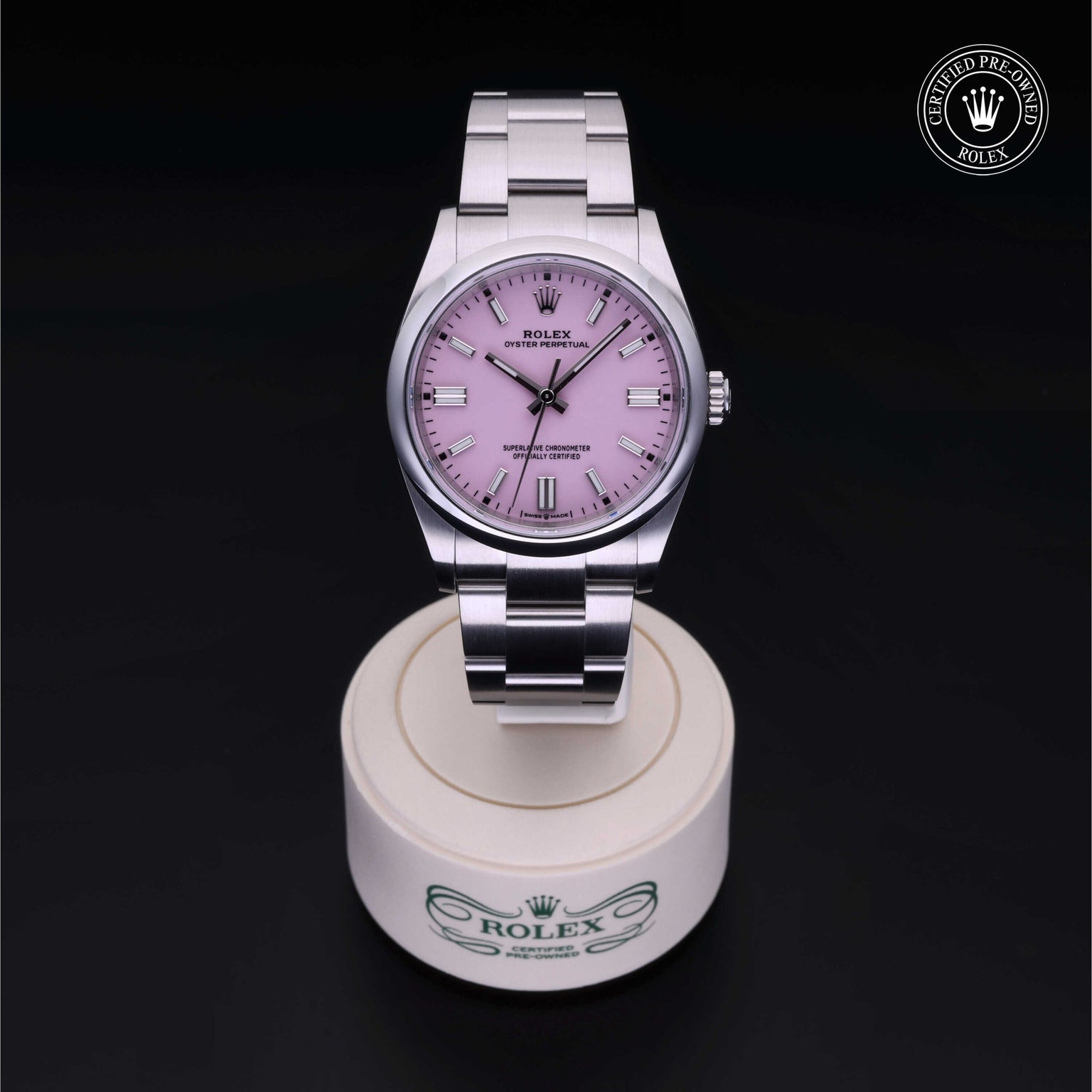 Rolex Certified Pre-owned Oyster Perpetual M126000-0008 front on black background