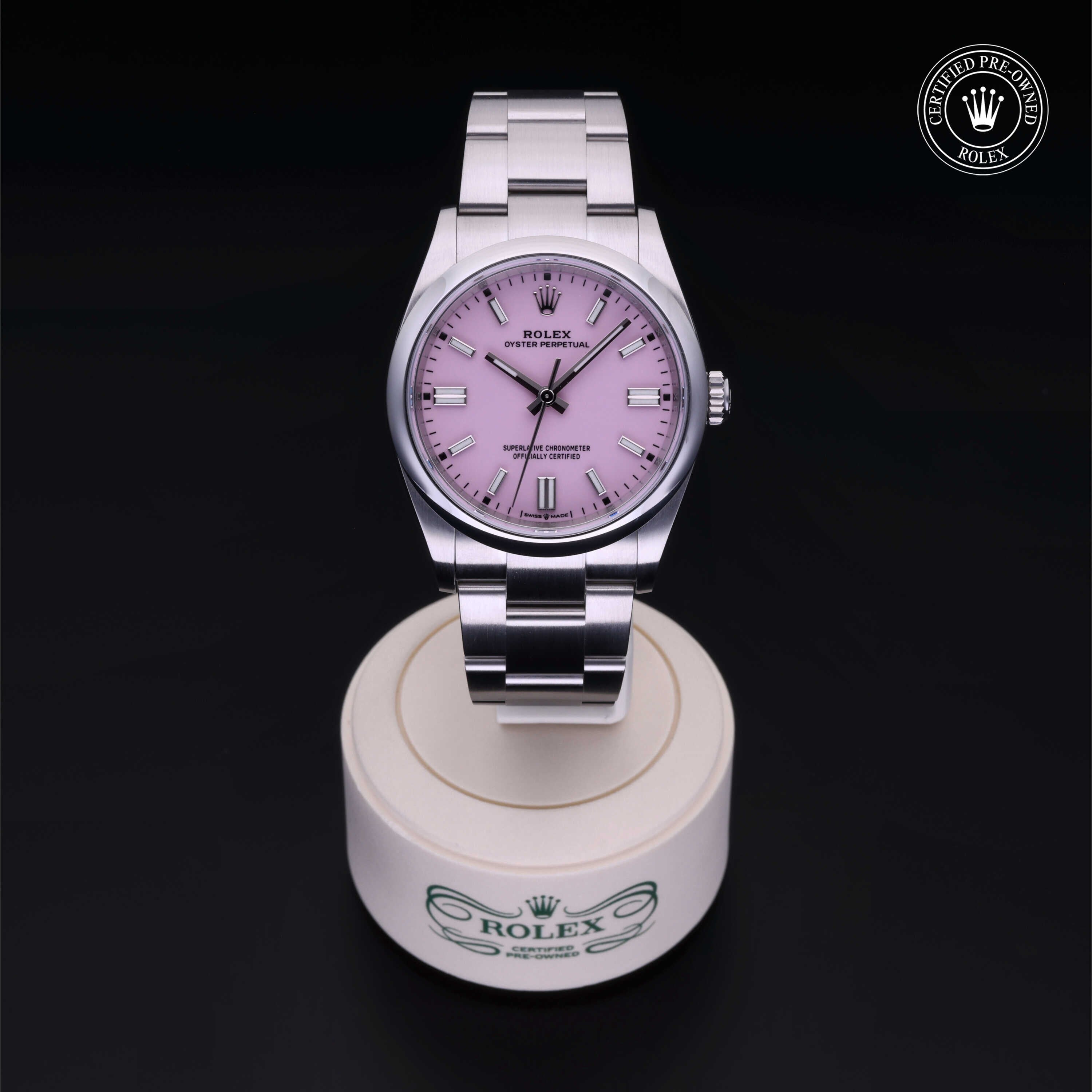 Rolex Certified Pre-owned Oyster Perpetual M126000-0008 front on black background