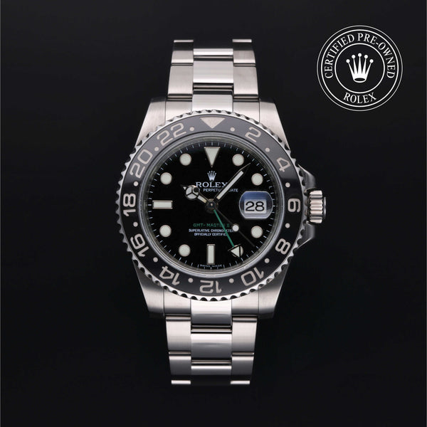 Rolex Certified Pre-owned GMT M116710LN-0001 front on black background