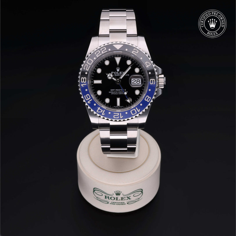 Rolex Certified Pre-owned GMT II M116710BLNR-0002 front on black background