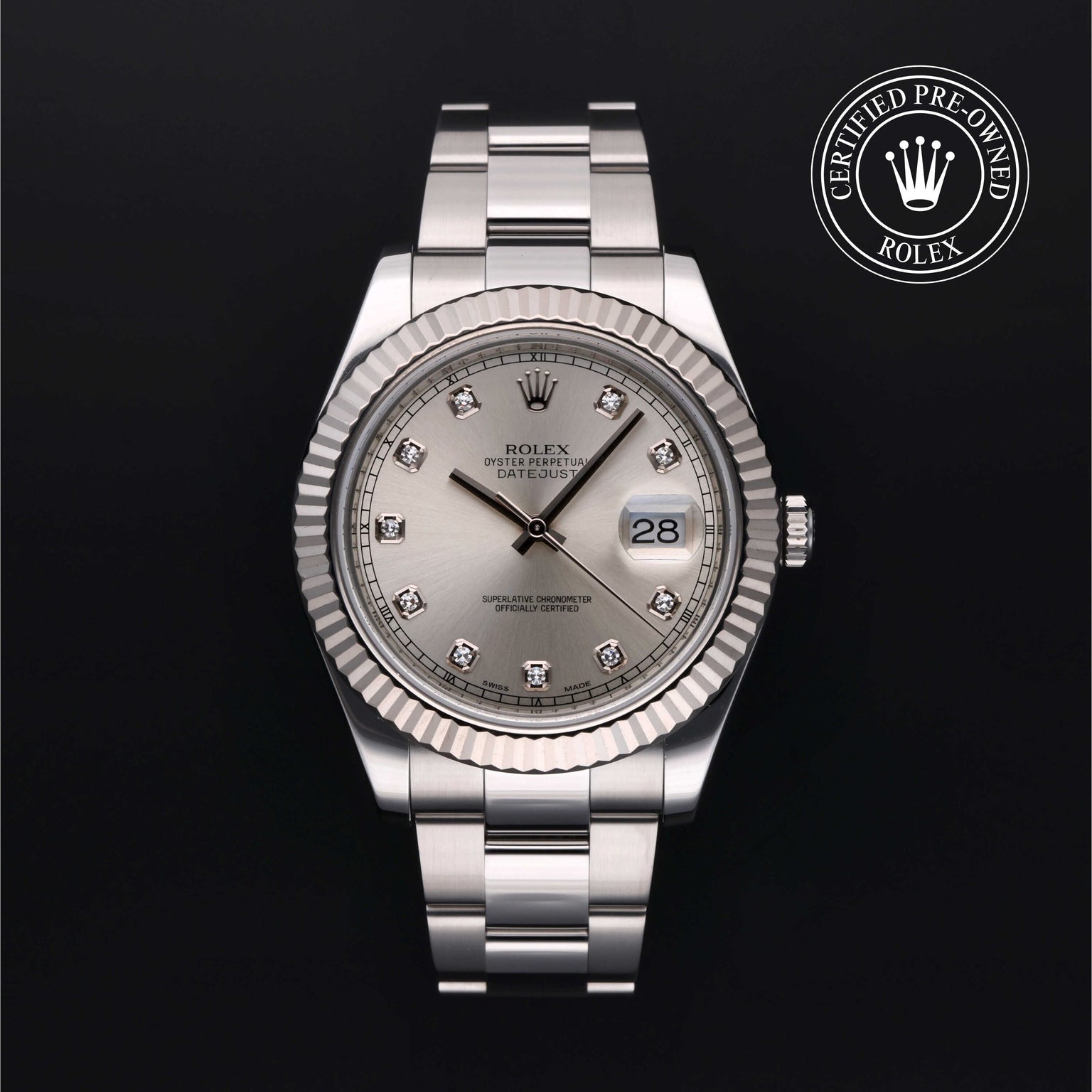 Rolex Certified Pre-owned Datejust M116334-0007 front on black background