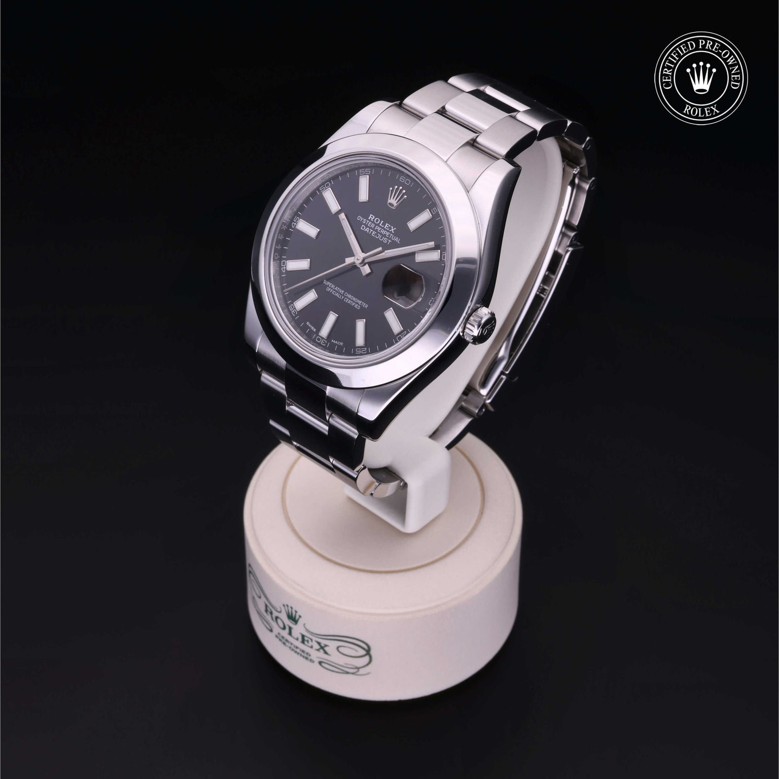 Rolex Certified Pre-owned Datejust M116300-0001 front on black background