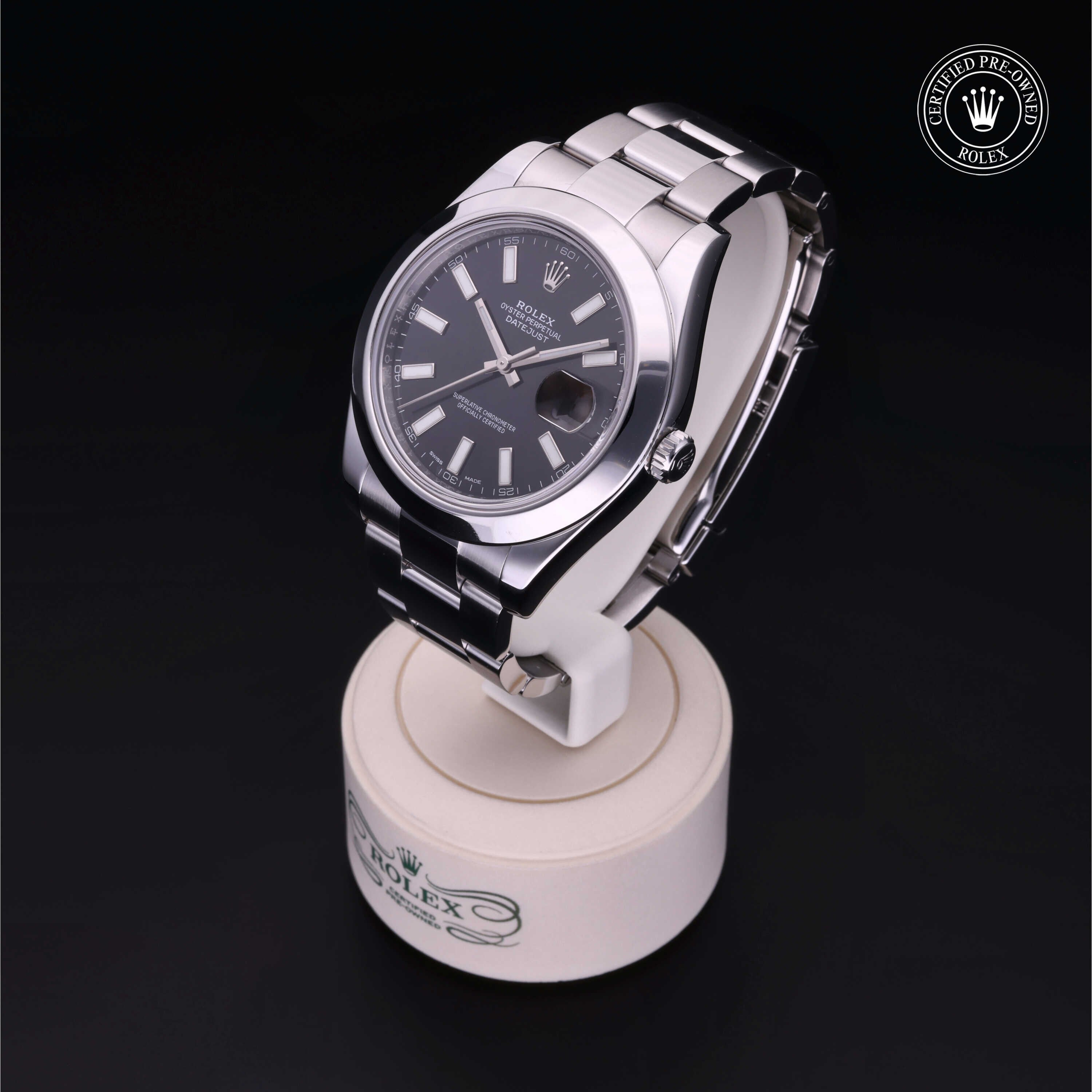 Rolex Certified Pre-owned Datejust M116300-0001 front on black background