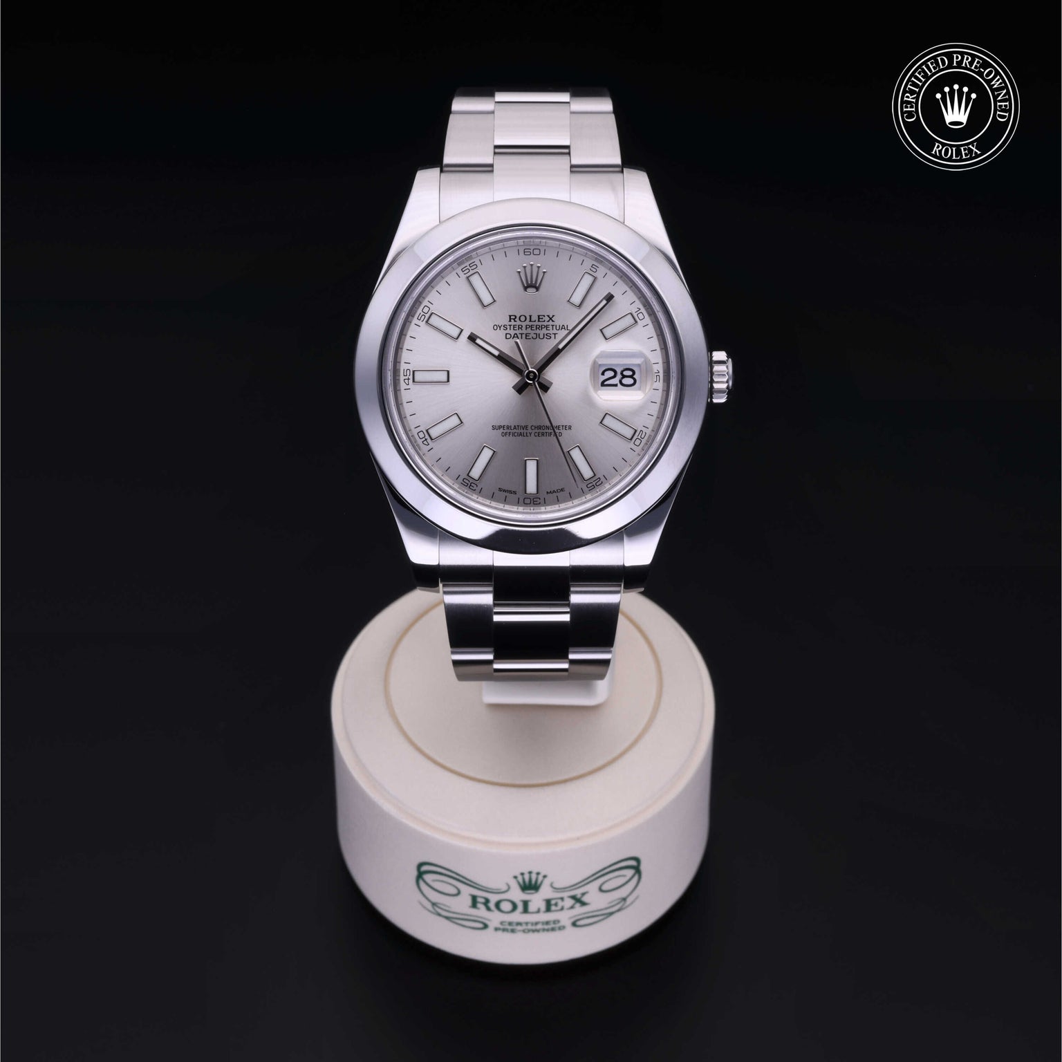 Rolex Certified Pre-owned Datejust M116300-0007 front on black background