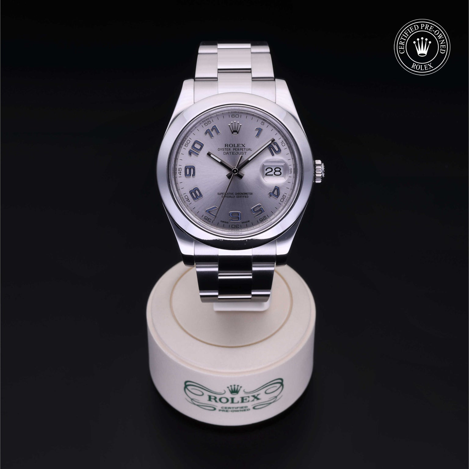 Rolex Certified Pre-owned Datejust M116300-0002 front on black background