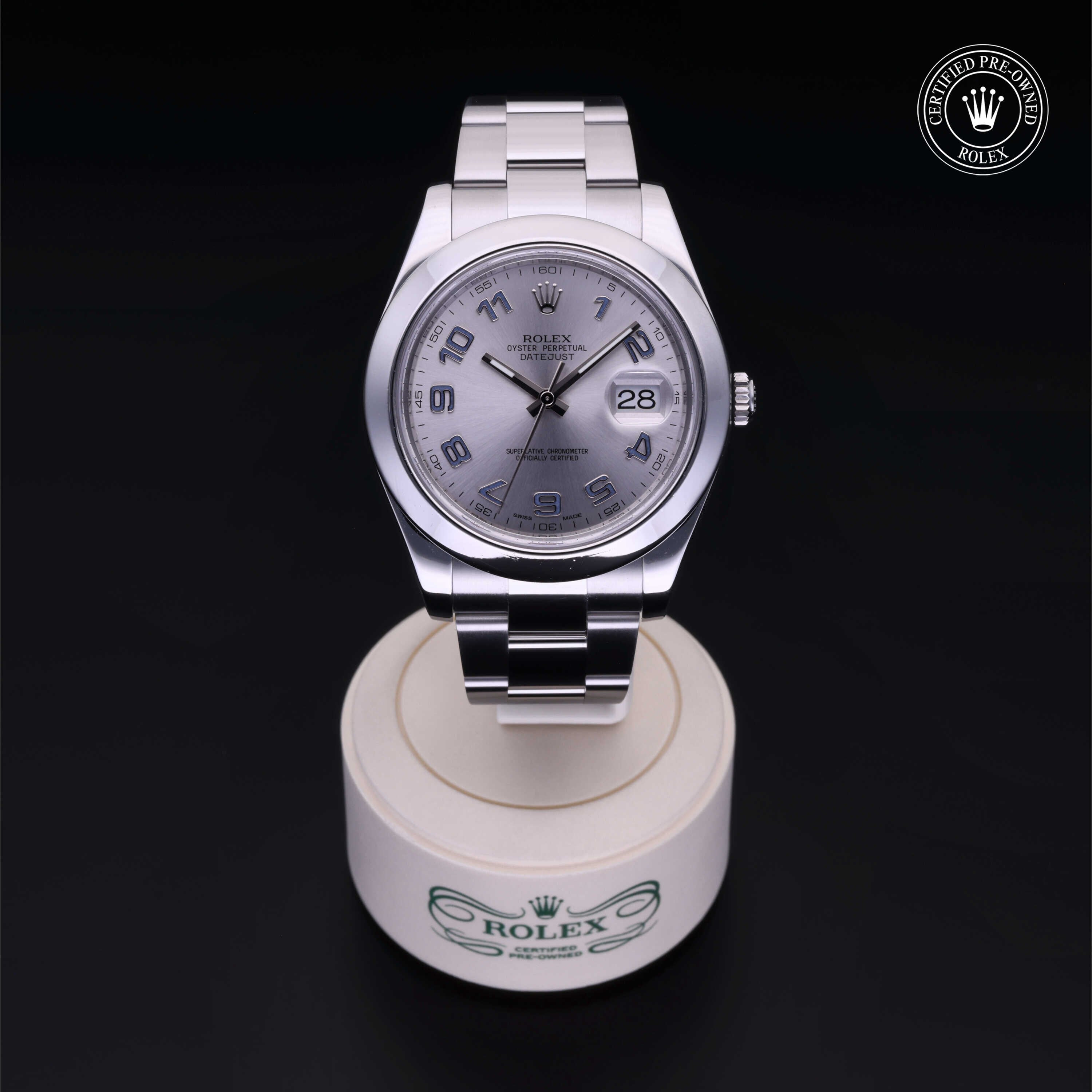 Rolex Certified Pre-owned Datejust M116300-0002 front on black background