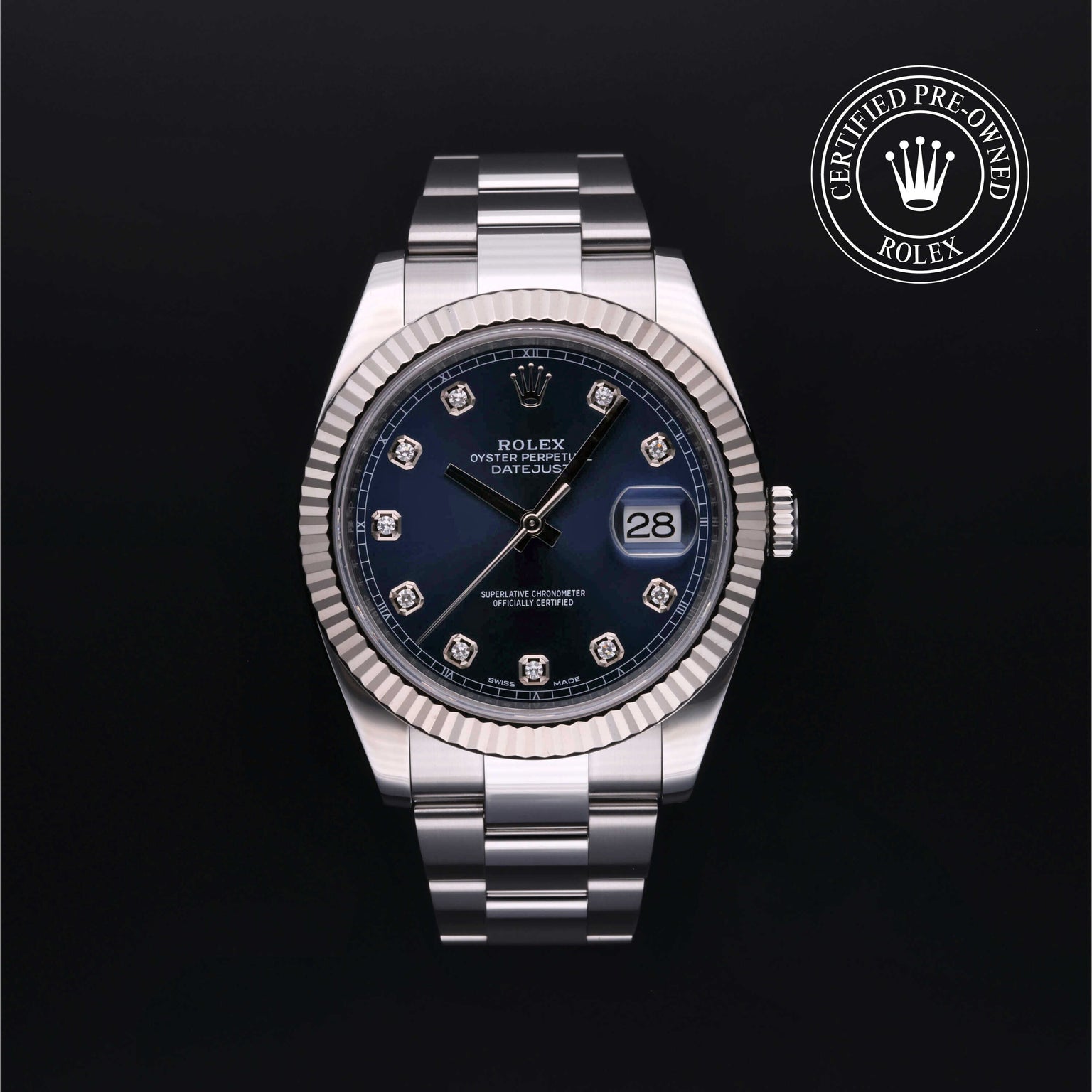 Rolex Certified Pre-owned Datejust M126334-0015 front on black background