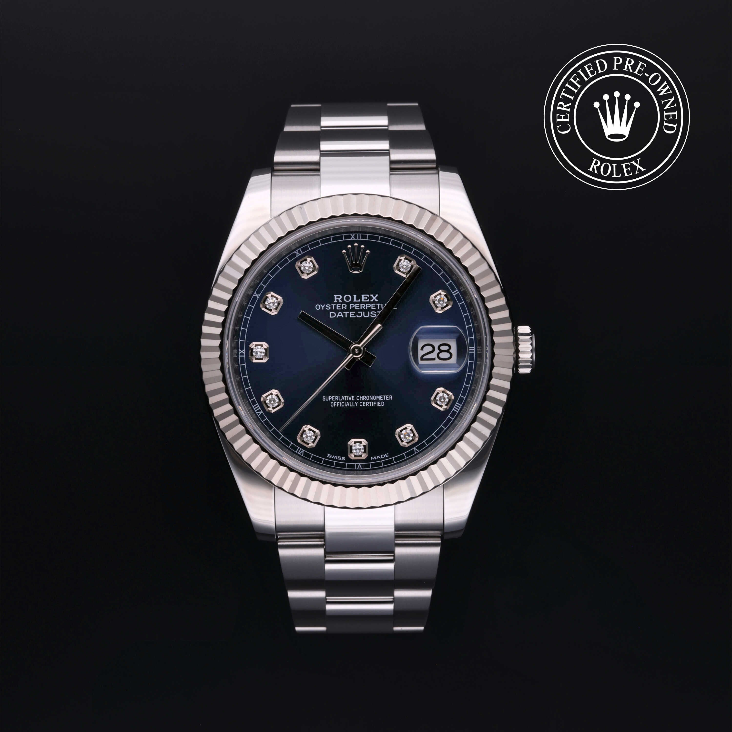 Rolex Certified Pre-owned Datejust M126334-0015 front on black background