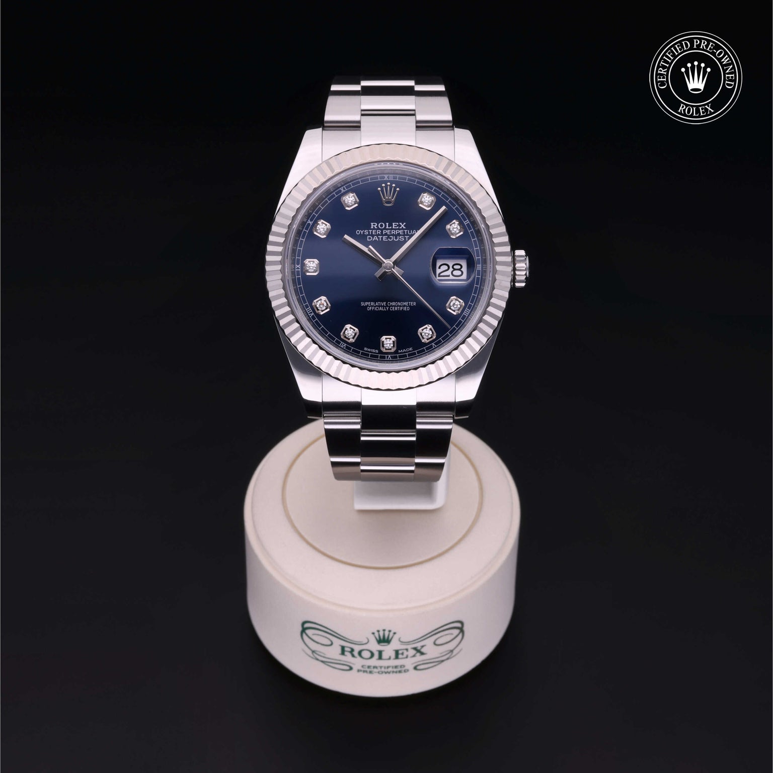 Rolex Certified Pre-owned Datejust M126334-0015 front on black background