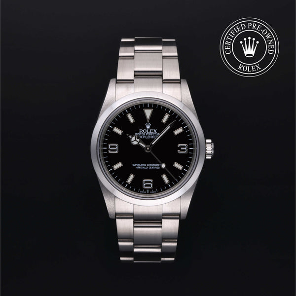 Rolex Certified Pre-owned Explorer M114270-0002 front on black background