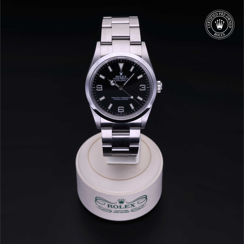 Rolex Certified Pre-owned Explorer M114270-0002 front on black background