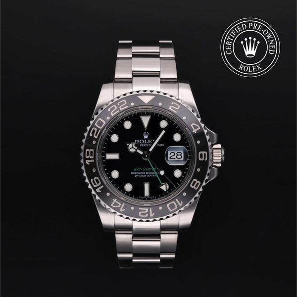 Rolex Certified Pre-owned GMT M116710LN-0001 front on black background