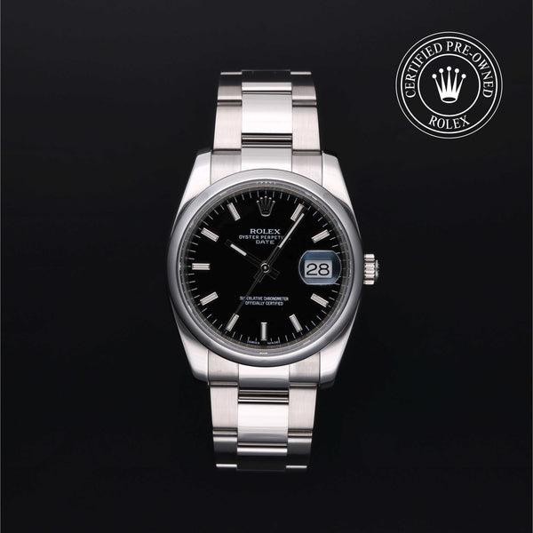 Rolex Certified Pre-owned Date M115200-0004 front on black background