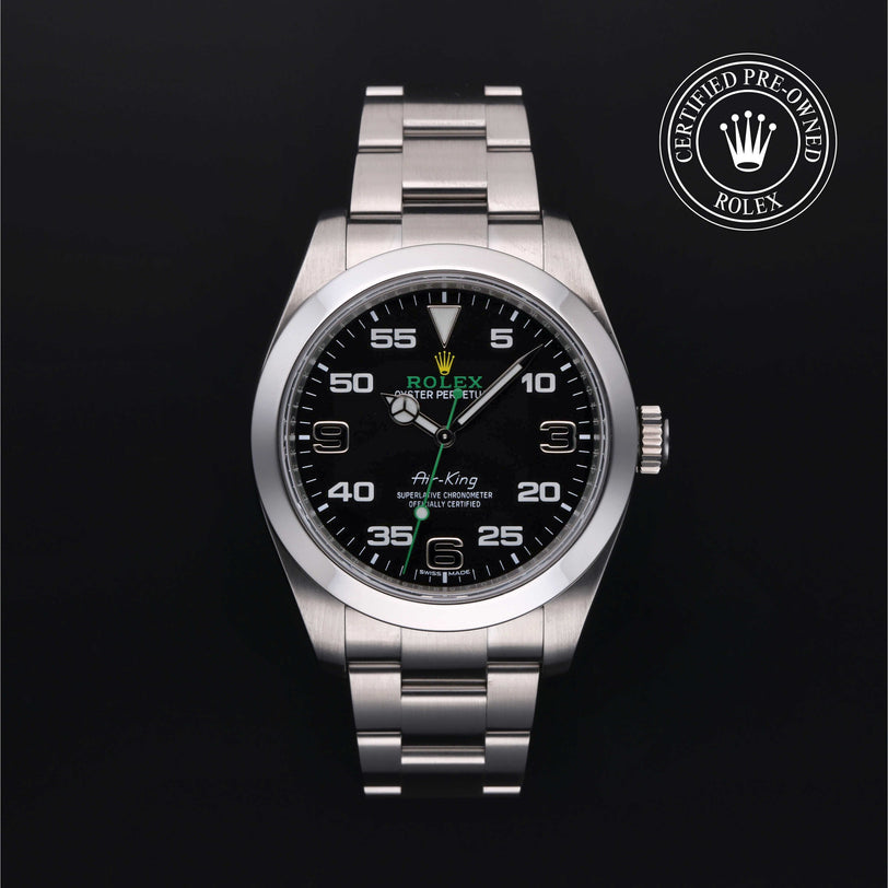 Rolex Certified Pre-owned Air-King M116900-0001 front on black background