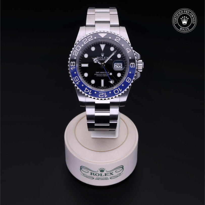 Rolex Certified Pre-owned GMT II M116710BLNR-0002 front on black background