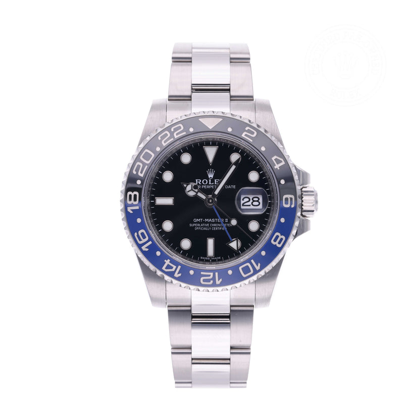 Rolex Certified Pre-owned GMT M116710BLNR-0002 front on white background