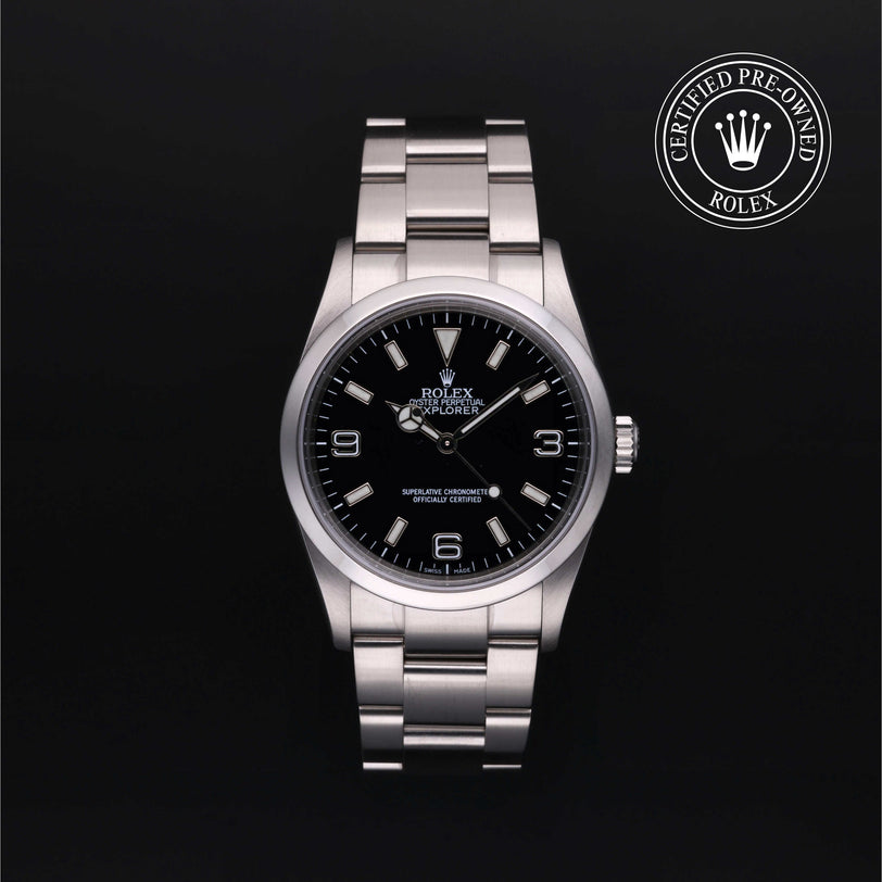 Rolex Certified Pre-owned Explorer M114270-0002 front on black background