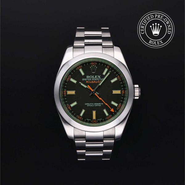 Rolex Certified Pre-owned Milgauss M116400GV-0001 front on black background