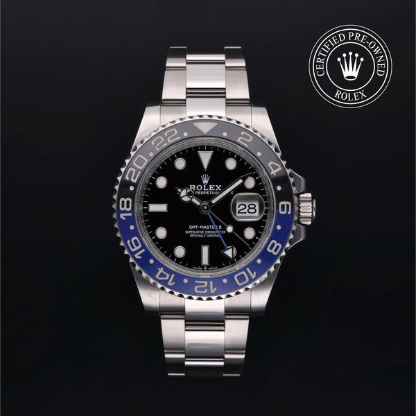 Rolex Certified Pre-owned GMT M126710BLNR-0003 front on black background