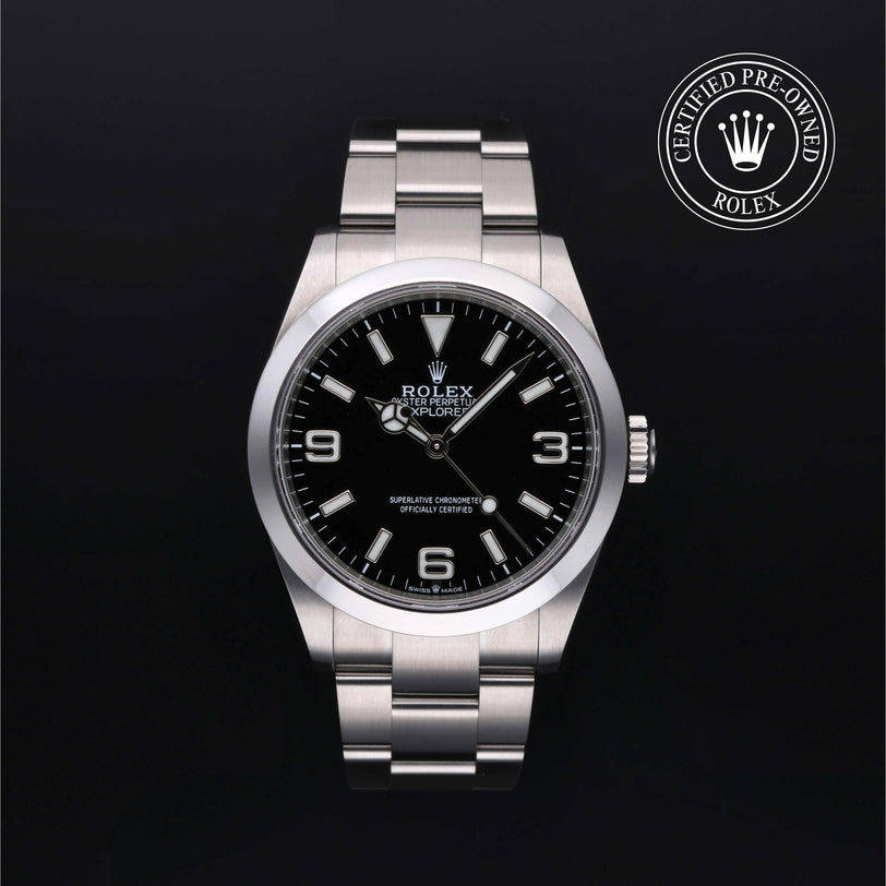 Rolex Certified Pre-owned Explorer M224270-0001 front on black background