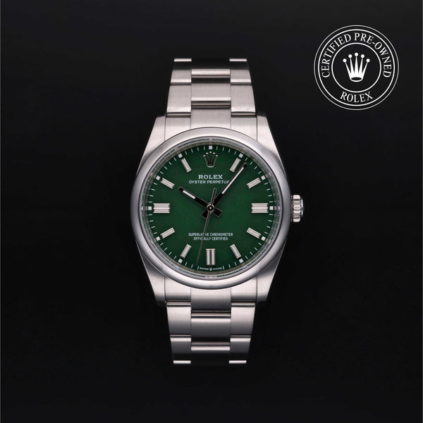 Rolex Certified Pre-owned Oyster Perpetual M126000-0005 front on black background