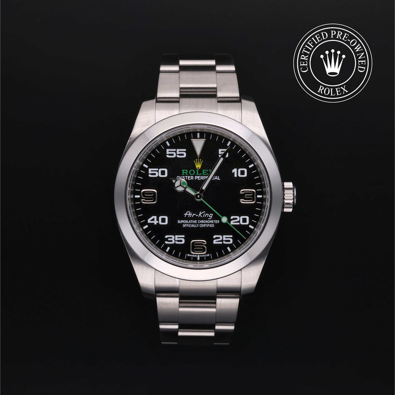 Rolex Certified Pre-owned Air-King M116900-0001 front on black background