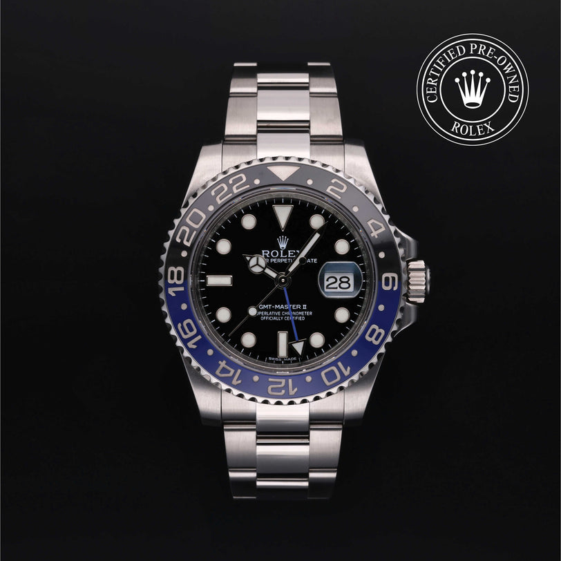 Rolex Certified Pre-owned GMT M116710BLNR-0002 front on black background