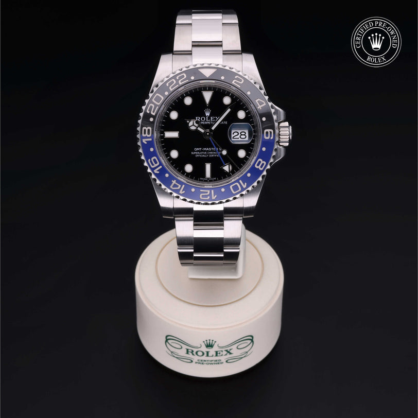 Rolex Certified Pre-owned GMT M116710BLNR-0002 front on black background