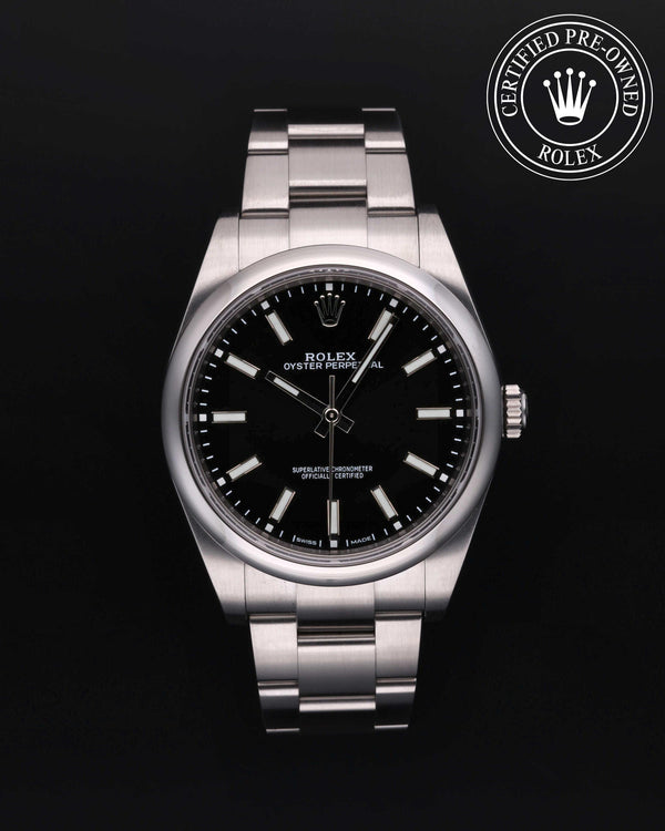 Rolex Certified Pre-owned Oyster Perpetual M114300-0005 front on black background