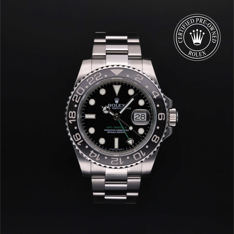 Rolex Certified Pre-owned GMT M116710LN-0001 front on black background