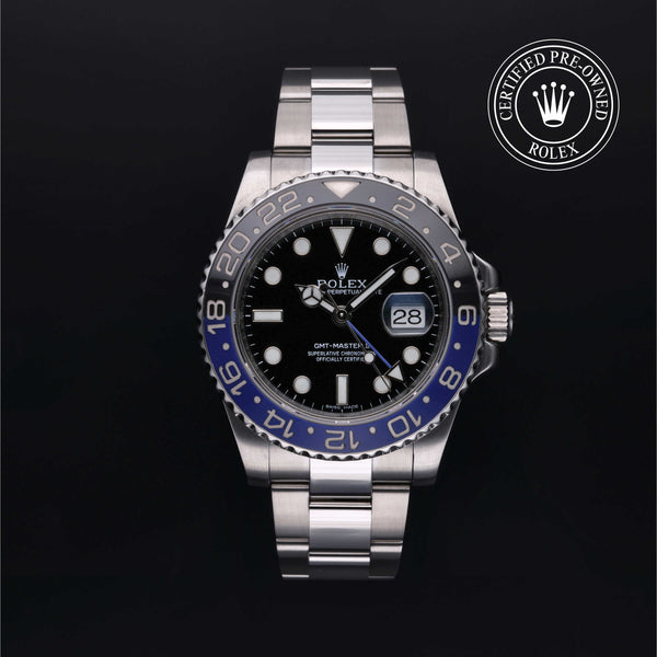 Rolex Certified Pre-owned GMT M116710BLNR-0002 front on black background