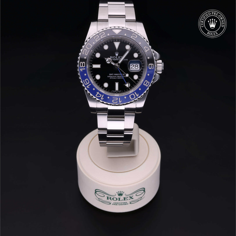 Rolex Certified Pre-owned GMT M116710BLNR-0002 front on black background