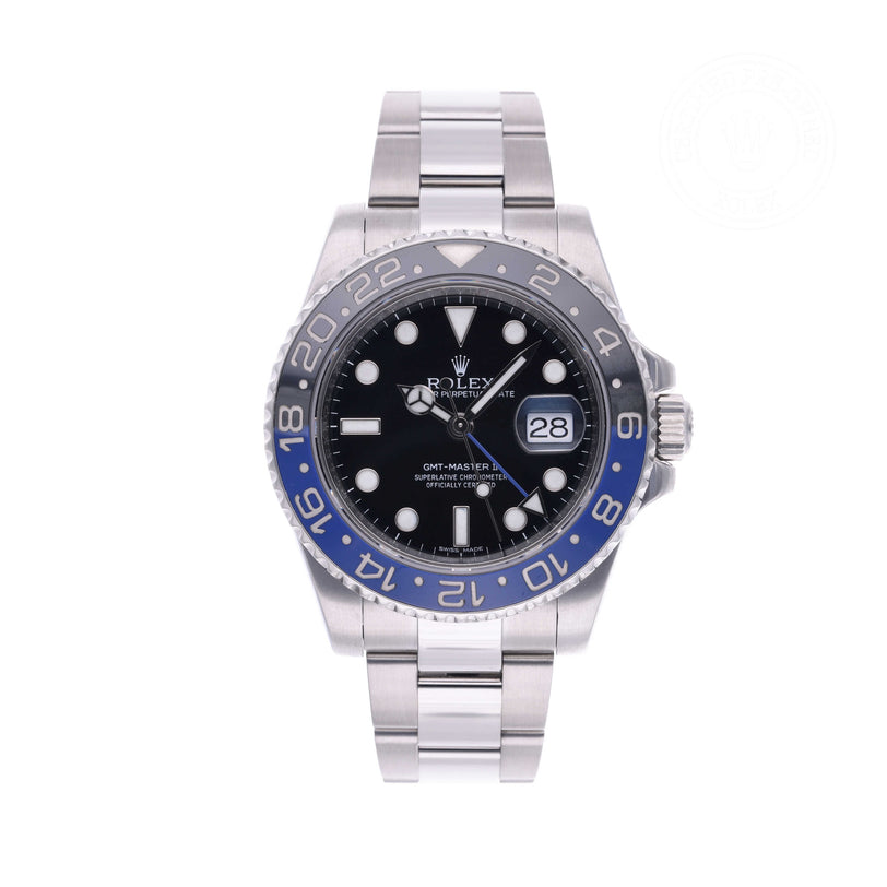 Rolex Certified Pre-owned GMT M116710BLNR-0002 front on white background