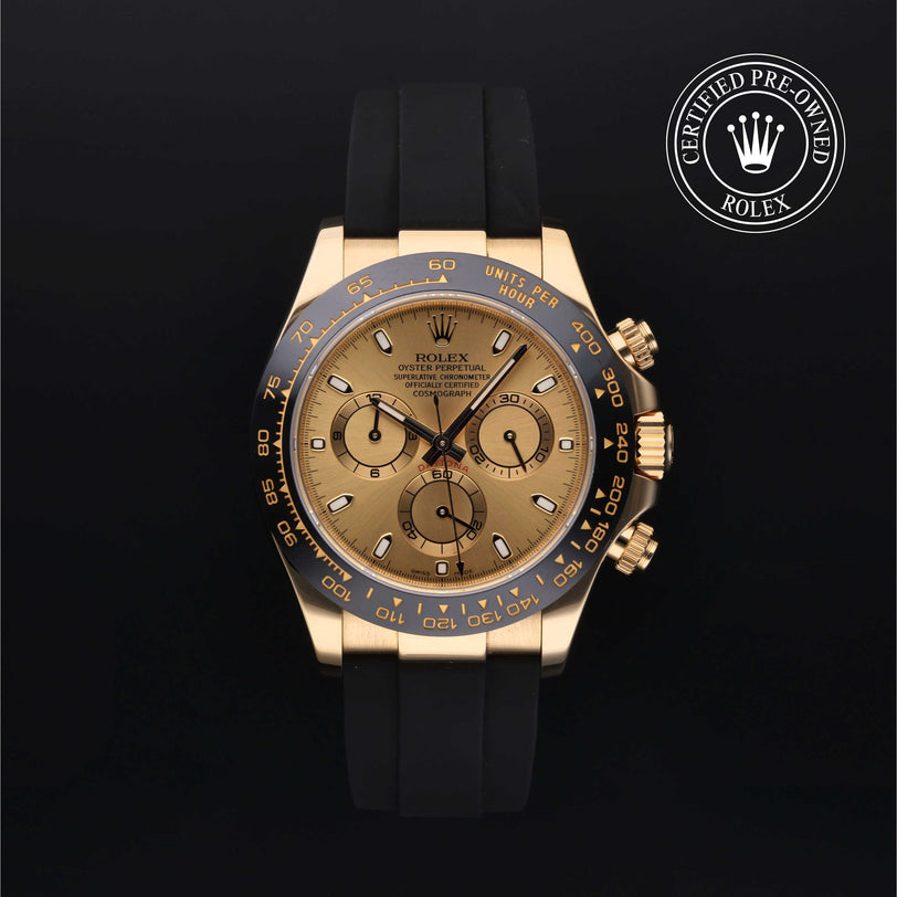 Rolex Certified Pre-owned Daytona M116518LN-0034 front on black background