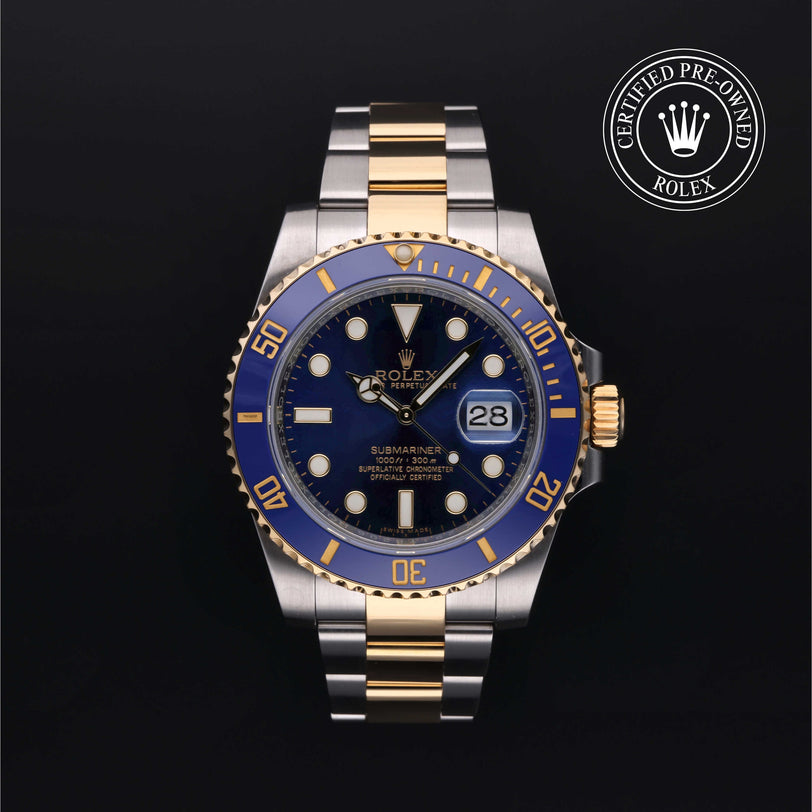 Rolex Certified Pre-owned Submariner M116613LB-0005 front on black background