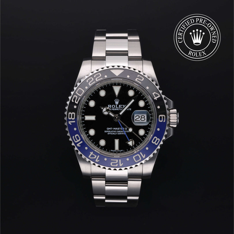 Rolex Certified Pre-owned GMT M116710BLNR-0002 front on black background