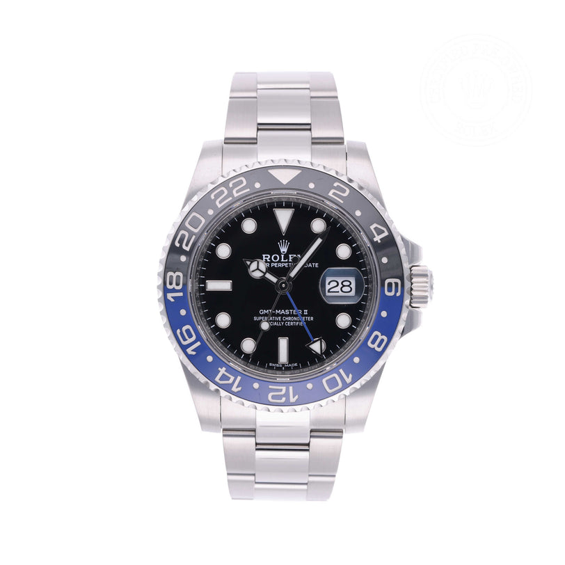 Rolex Certified Pre-owned GMT M116710BLNR-0002 front on white background