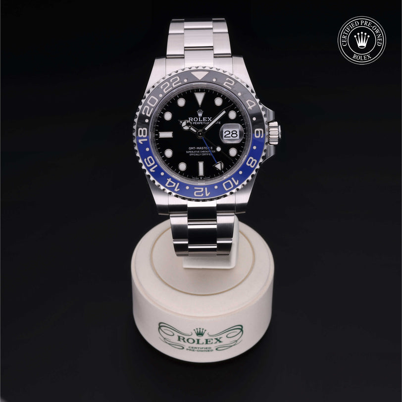 Rolex Certified Pre-owned GMT M126710BLNR-0003 front on black background
