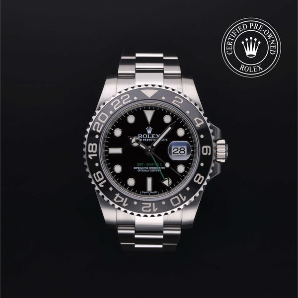 Rolex Certified Pre-owned GMT M116710LN-0001 front on black background