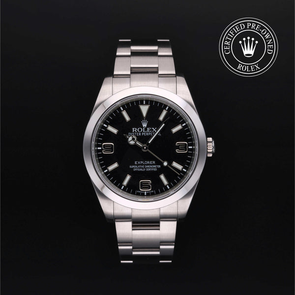 Rolex Certified Pre-owned Explorer M214270-0001 front on black background