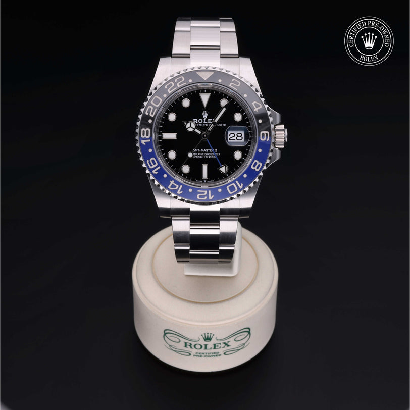 Rolex Certified Pre-owned GMT M126710BLNR-0003 front on black background