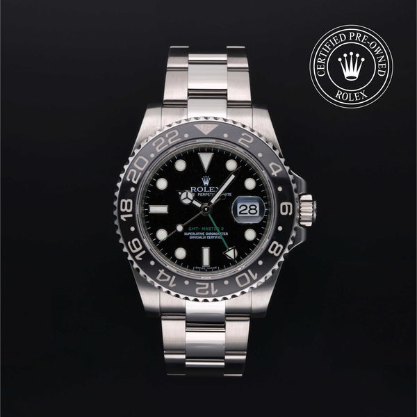 Rolex Certified Pre-owned GMT M116710LN-0001 front on black background